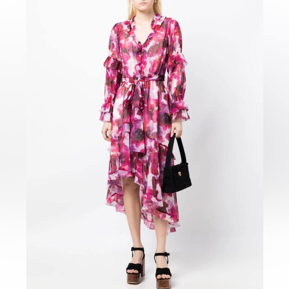 Marchesa‎ Notte Oleander Floral Print Asymmetrical Ruffle Midi Dress Size 2